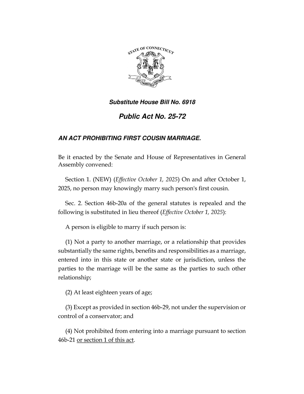 Connecticut enacts law banning first cousin marriage effective October 2025