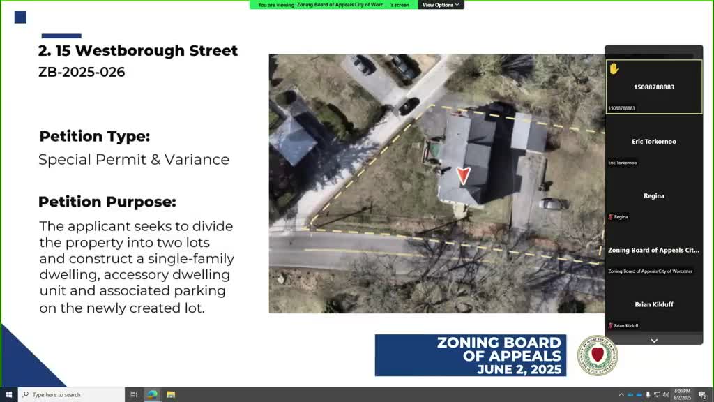 ZBA approves lot division plan for 15 Westborough Street with minor setbacks and parking relief