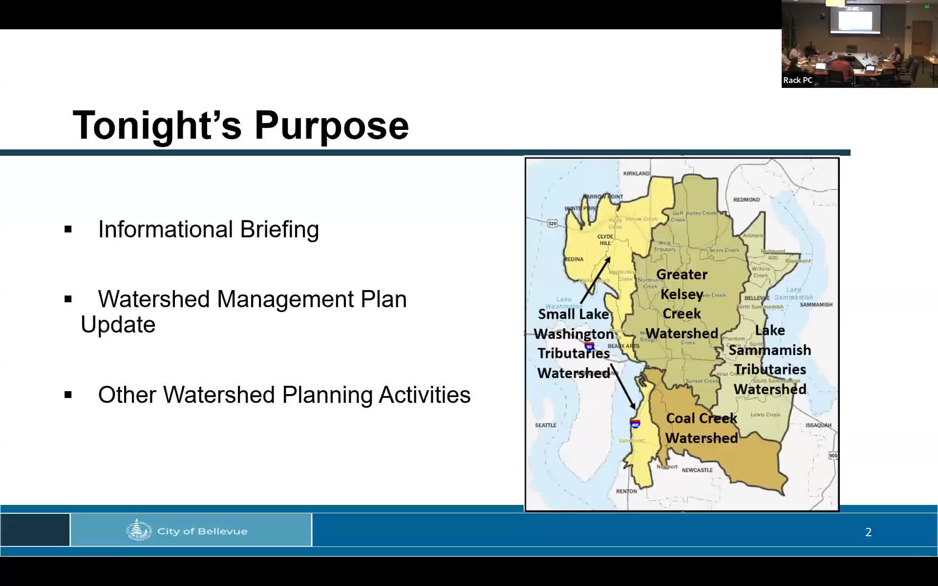 Utilities present Bellevue watershed management plan update and environmental monitoring program showing mixed stream‑health trends