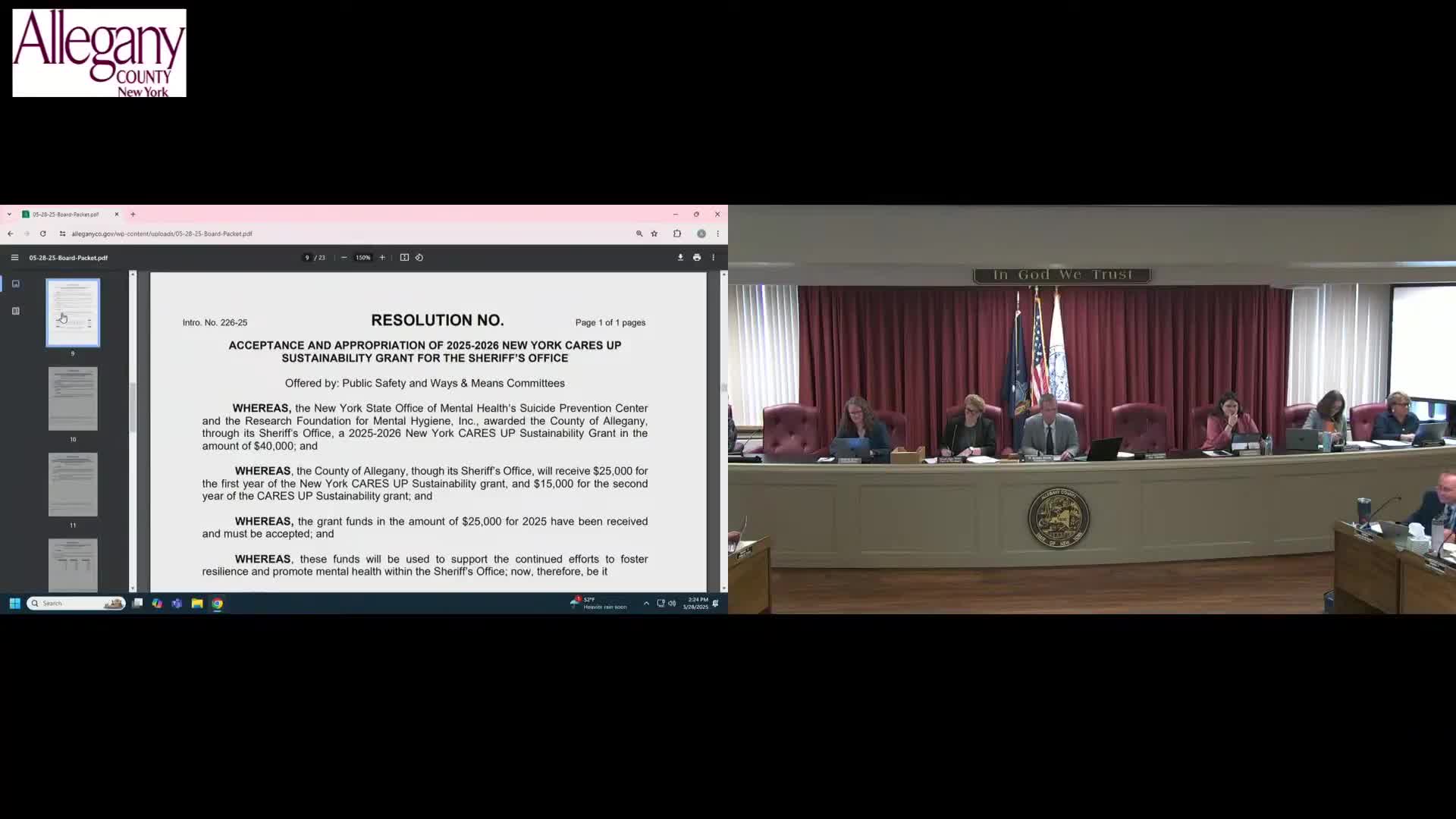 Allegany County approves sheriff grant applications; debate accompanies Office of Court Administration contract approval