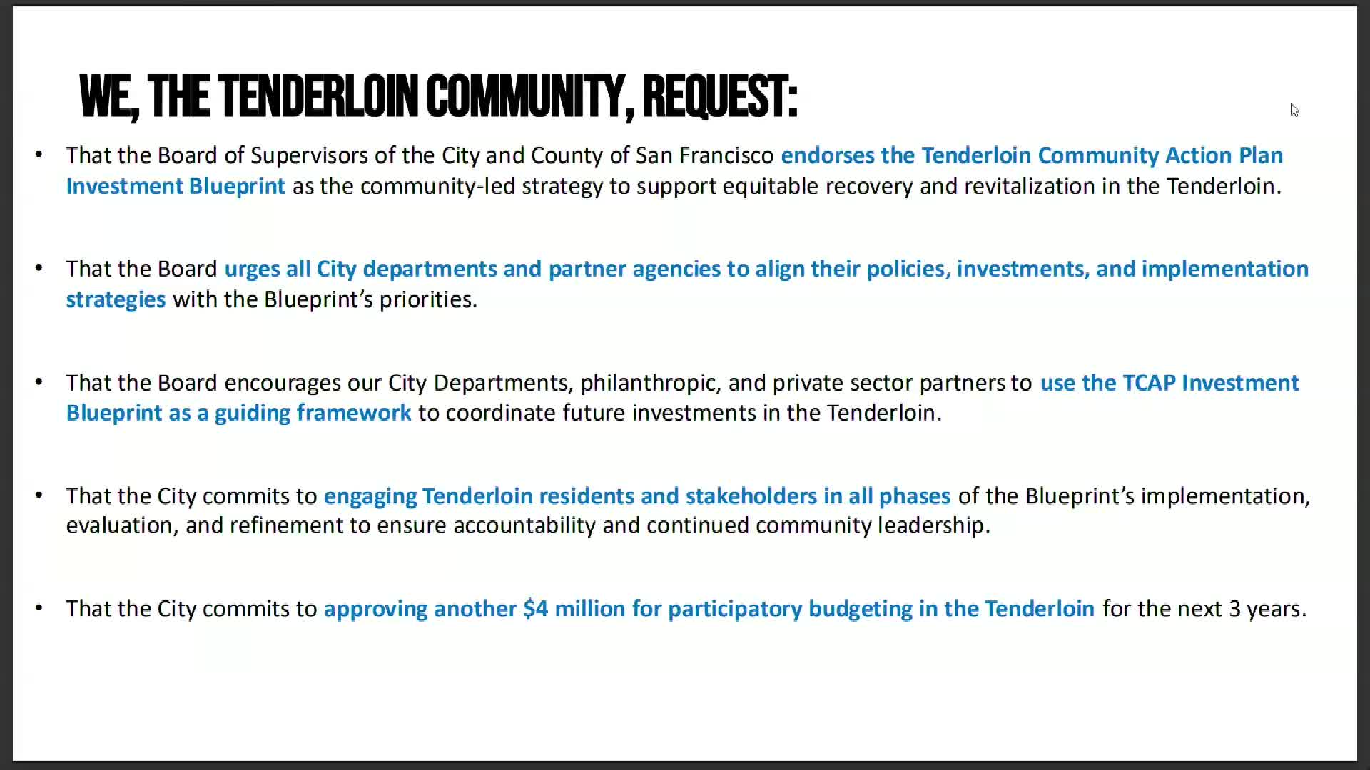 Tenderloin leaders request $4M for participatory budgeting and community improvements