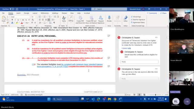 Rules subcommittee debates training-hour, live‑burn rules that affect volunteer firefighter pay