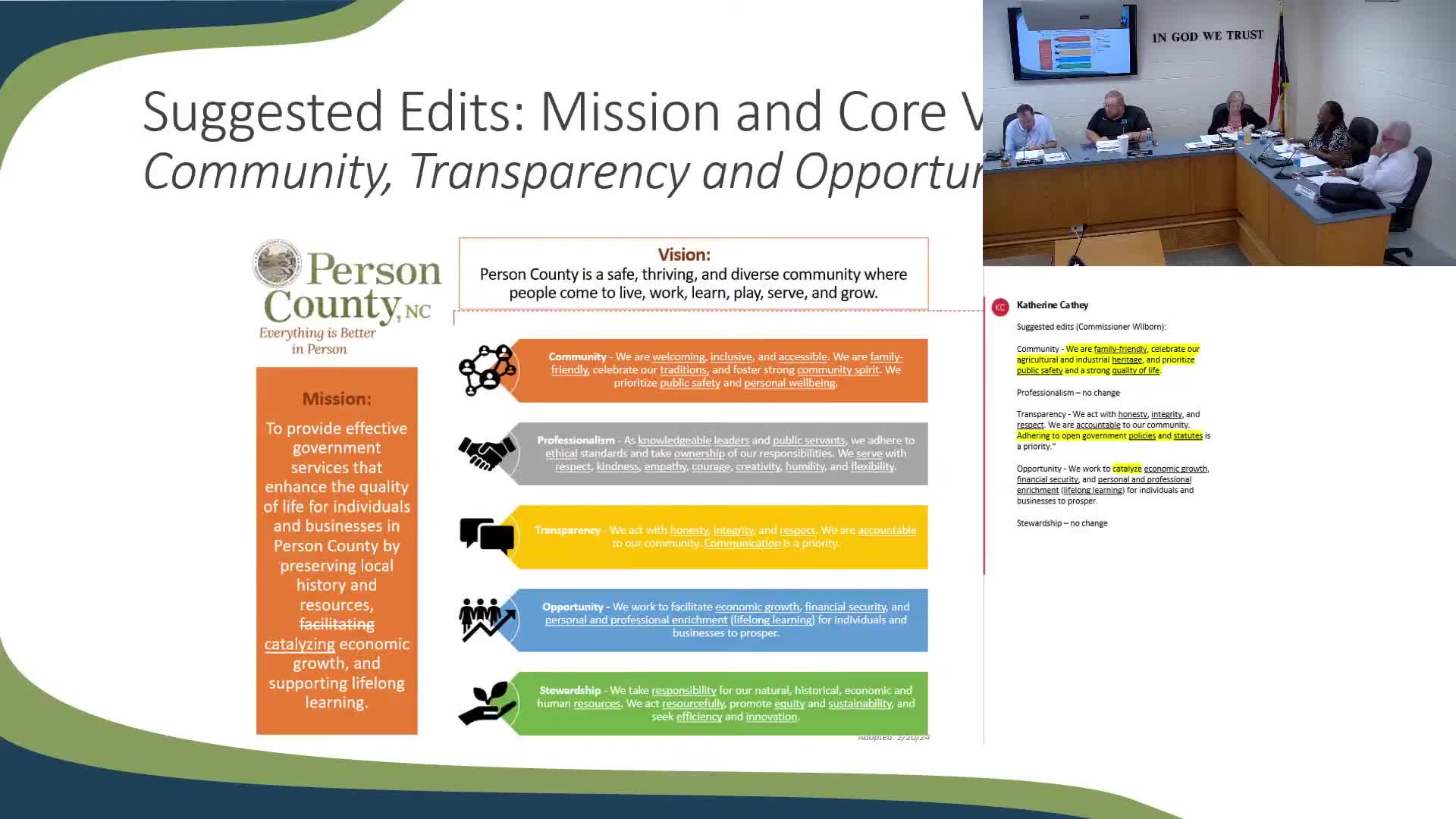 Person County commissioners adopt 2025–27 strategic plan with minor edits; board removes community survey item