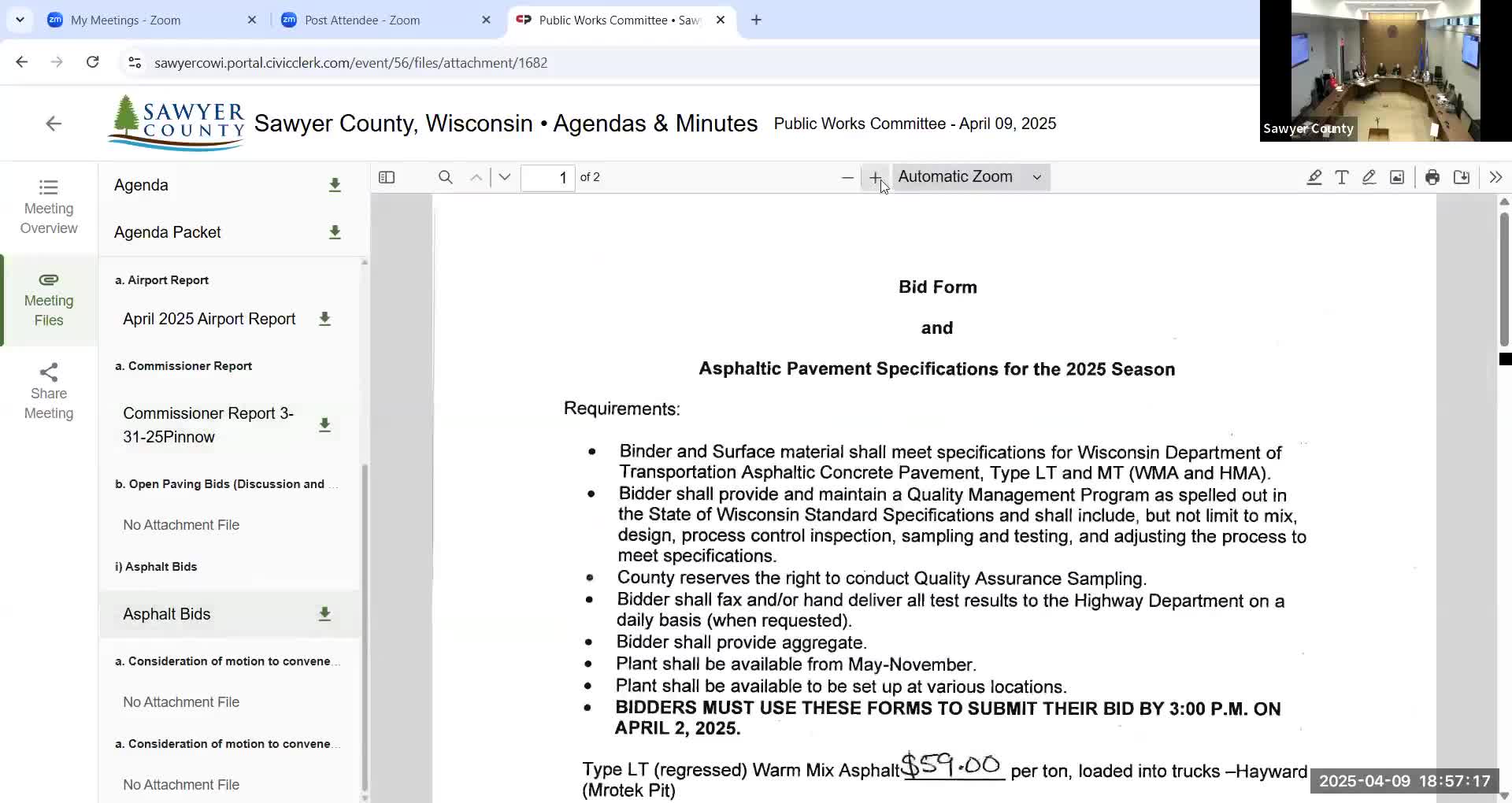 Public Works approves asphalt bid for County Road W; commissioner warns DNR sign‑off needed on Spring Lake road project