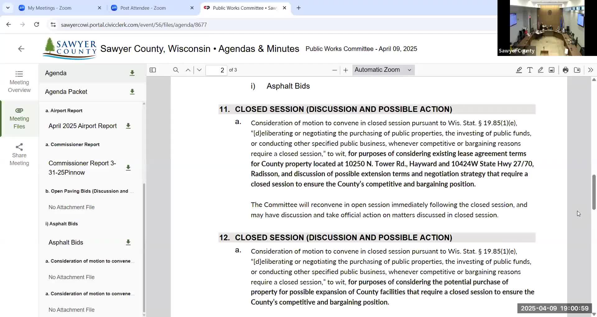 Public Works convenes closed sessions on tower leases and potential property purchase; no action taken