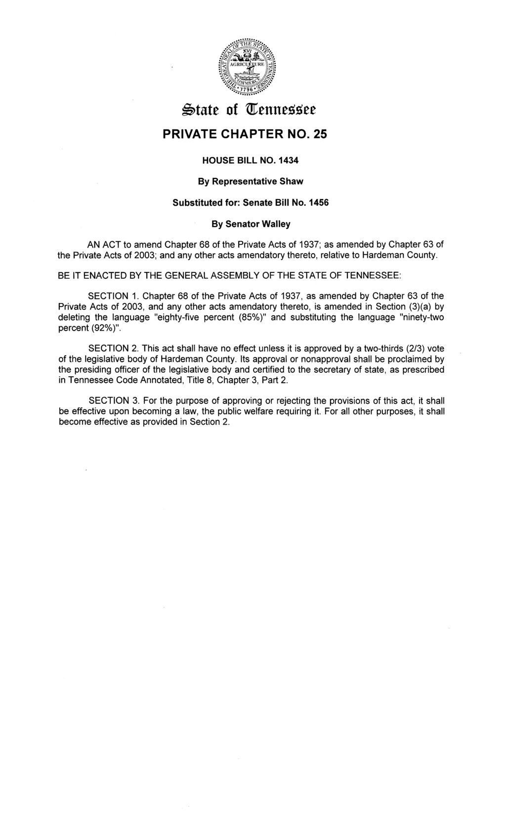 Tennessee Legislature approves House Bill 1434 amending Hardeman County private act