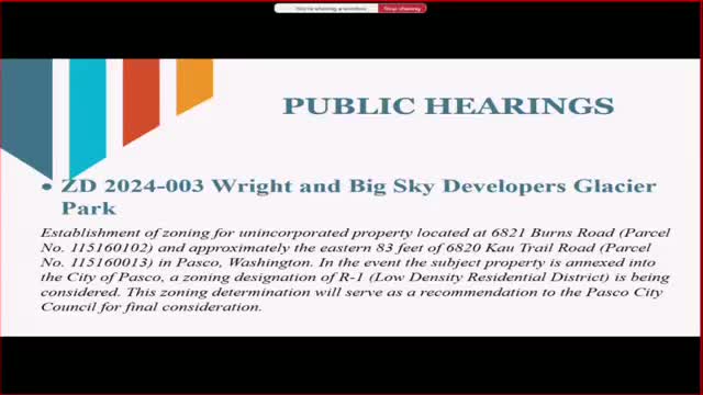 Hearing examiner to recommend R‑1 zoning for 6.23‑acre Big Sky annexation area; recommendation will go to Pasco City Council