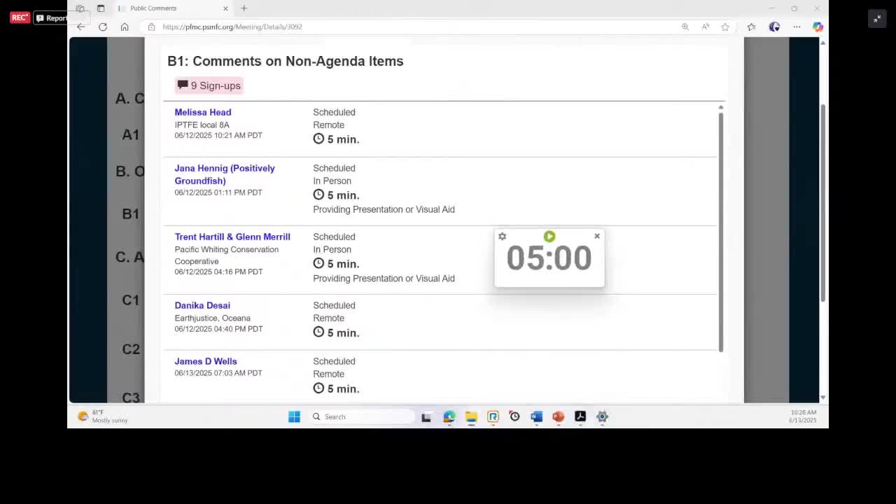 Pacific Whiting cooperative seeks an exempted fishing permit to process at sea off California; proposes genetic testing and a 1,500‑salmon cap within existing B