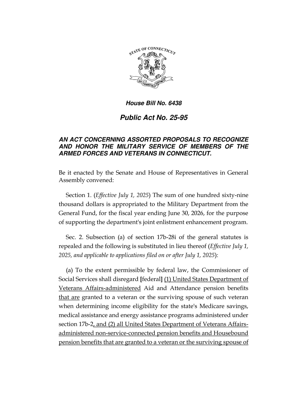 Connecticut to exempt veterans' benefits from income calculations for state aid programs