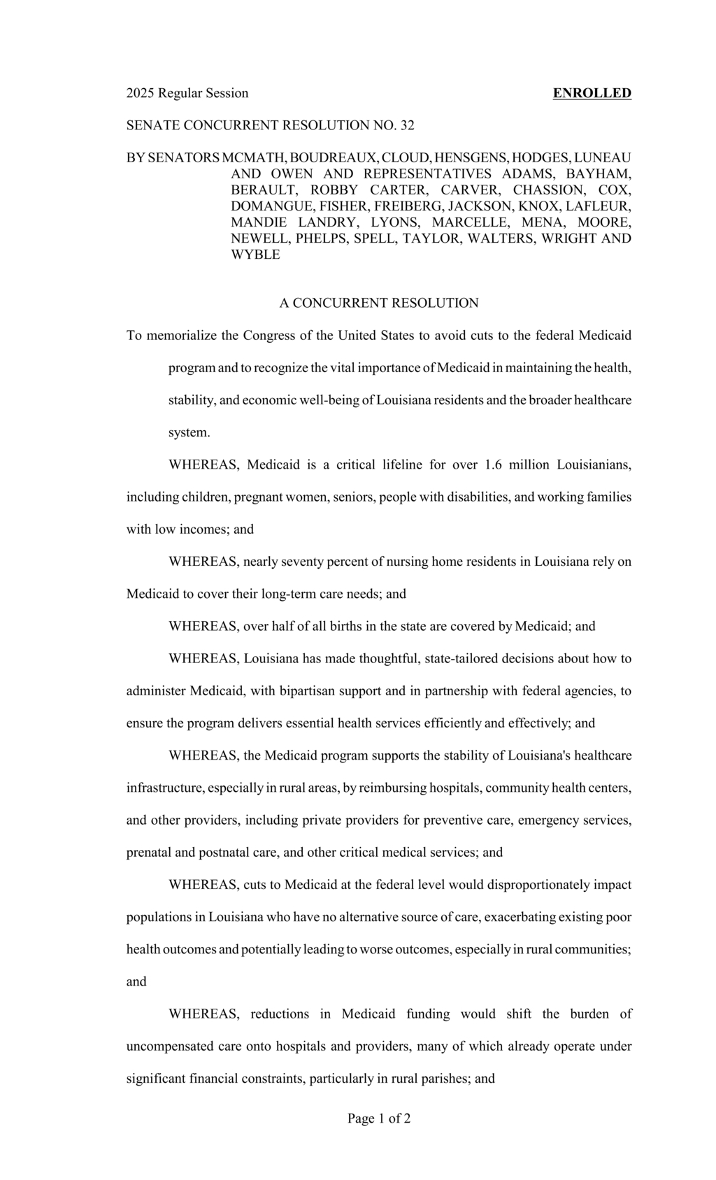 Louisiana Legislature urges Congress to protect Medicaid funding for vital services