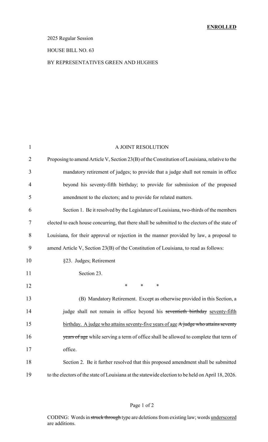 Louisiana Legislature proposes amendment raising judges' retirement age to 75