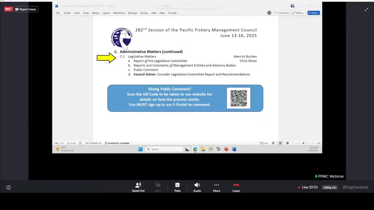 Pacific Council legislative committee reviews reauthorization bills, executive‑order changes and seafood EO tasks