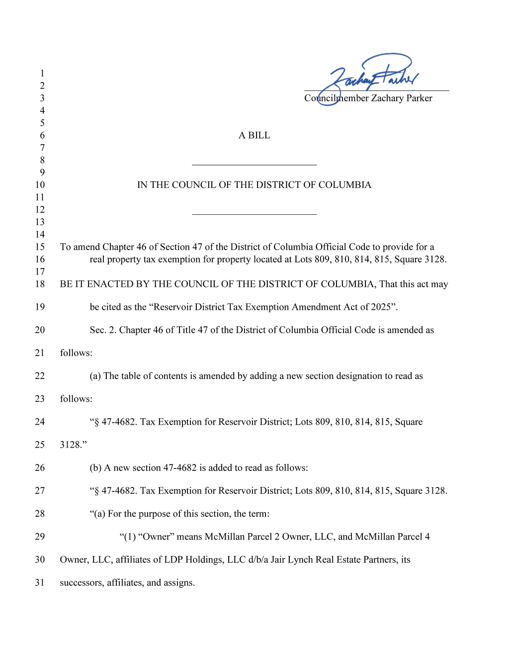 Councilmember Parker proposes Reservoir District tax exemption bill in DC Council