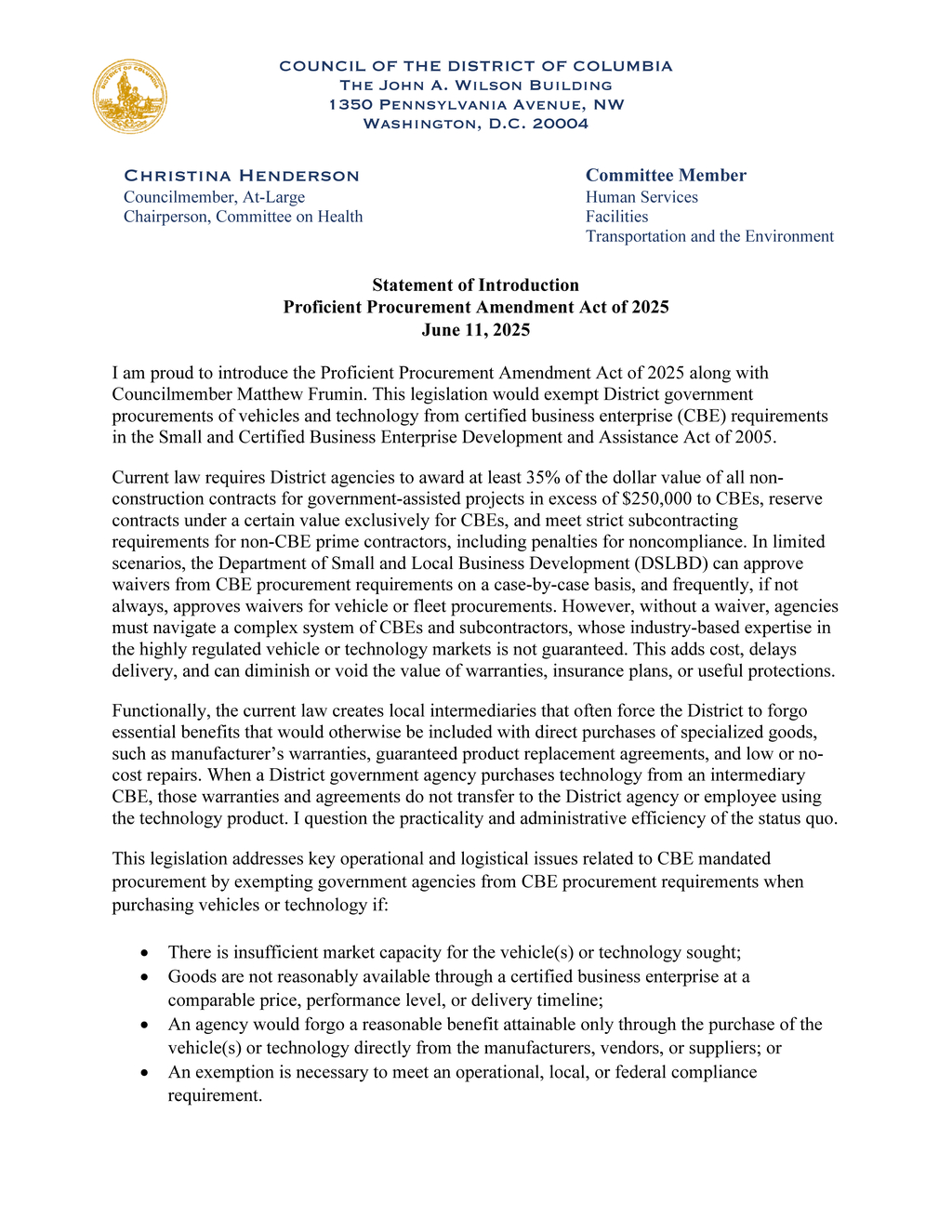 Councilmember Henderson introduces Proficient Procurement Amendment Act to streamline vehicle purchases
