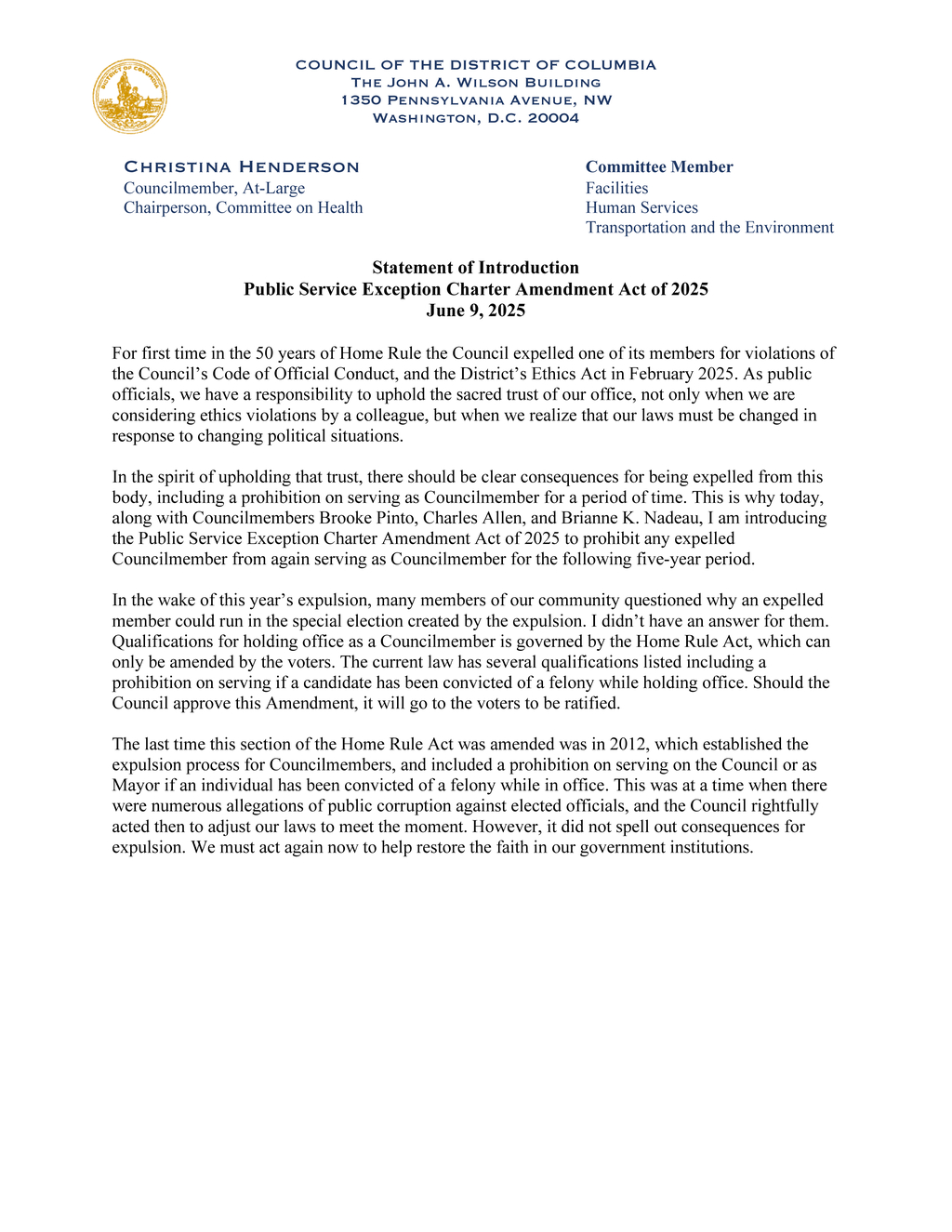Henderson introduces Public Service Exception Charter Amendment Act to prevent Councilmember expulsion
