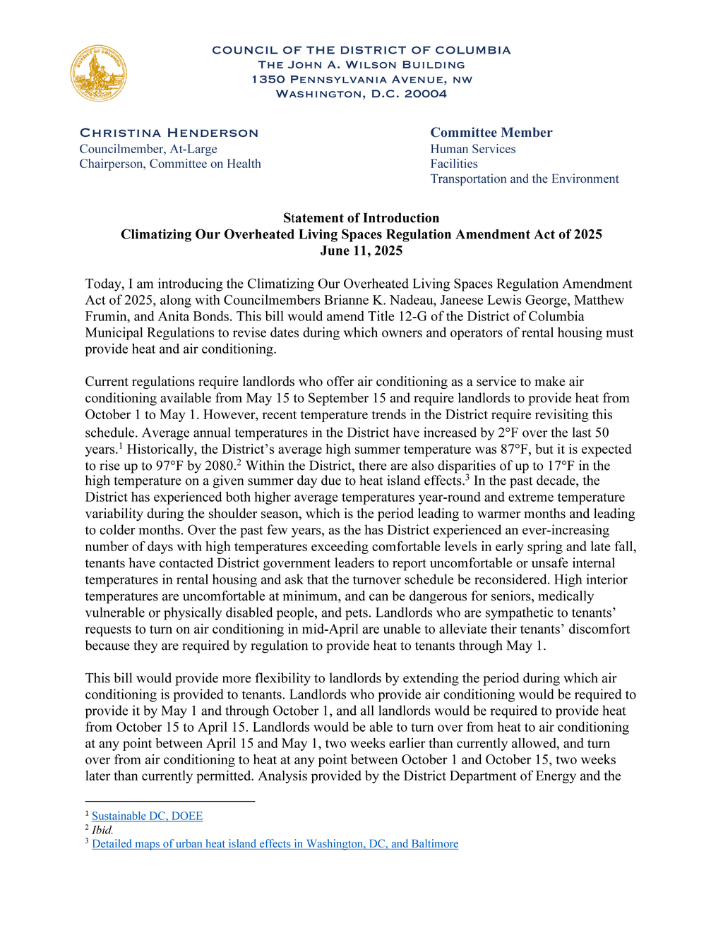 Councilmembers introduce Climatizing Our Overheated Living Spaces Regulation Amendment Act of 2025