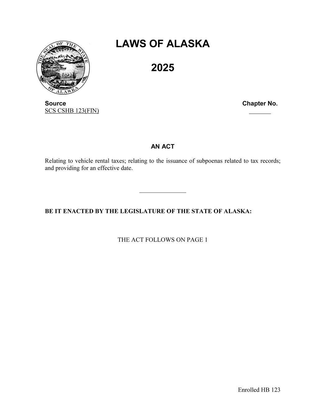 Alaska Legislature enacts HB 123 updating vehicle rental tax regulations