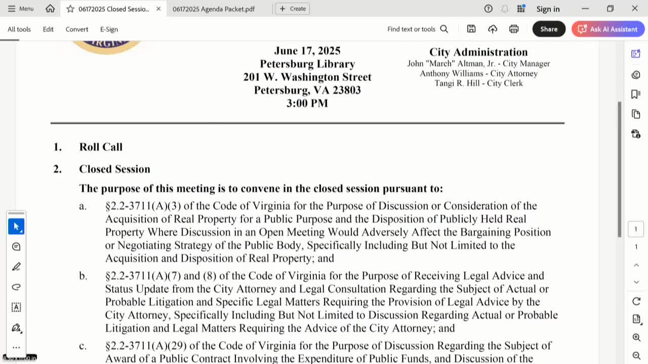 Petersburg City Council meets for closed session on property acquisition and legal matters