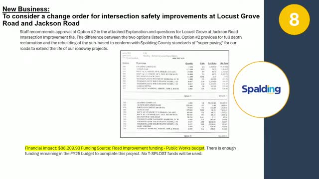 County approves safety redesign and $88,209.93 change order to convert Locust Grove/Jackson intersection to all‑way stop