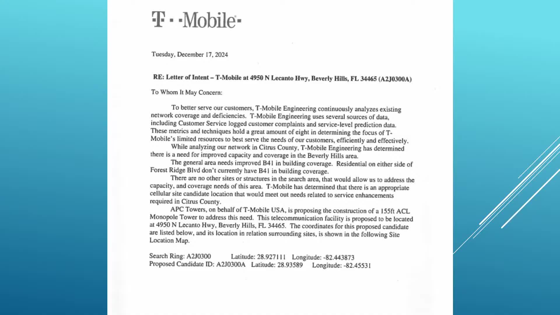 T Mobile proposes new tower for improved indoor and vehicle coverage in Citrus Springs