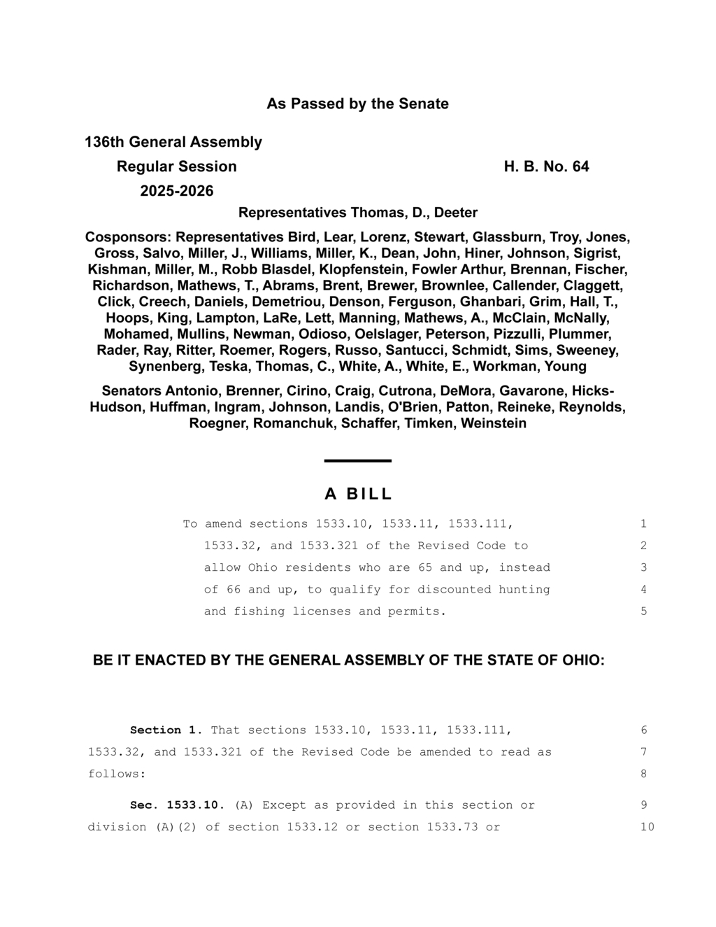 Ohio General Assembly lowers age for discounted hunting and fishing licenses to 65