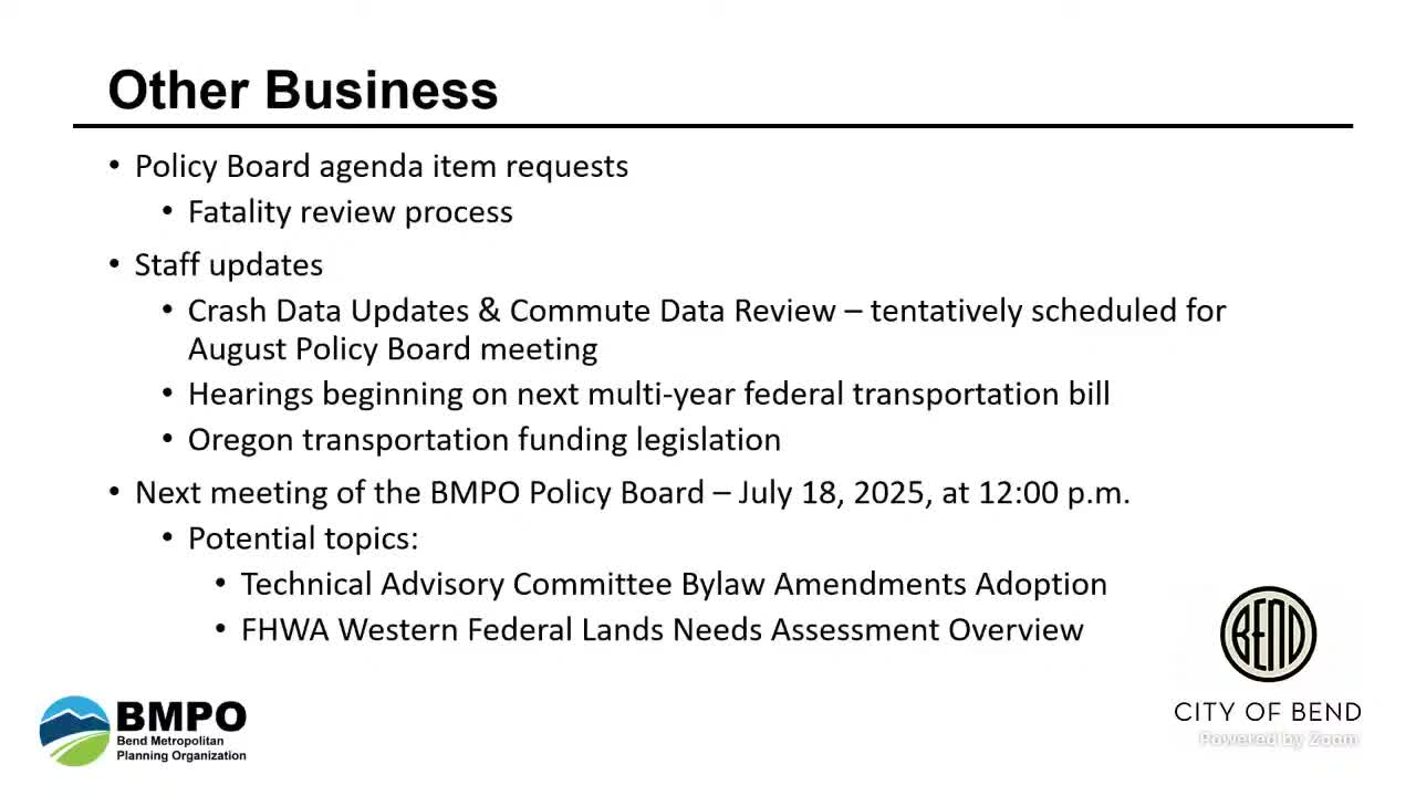 Bend MPO board discusses local fatality review process and data gaps; staff to research models
