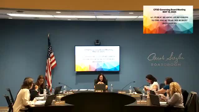 CFSD governing board approves FY25 budget revision; board discusses tight M&O straw budget for 2026
