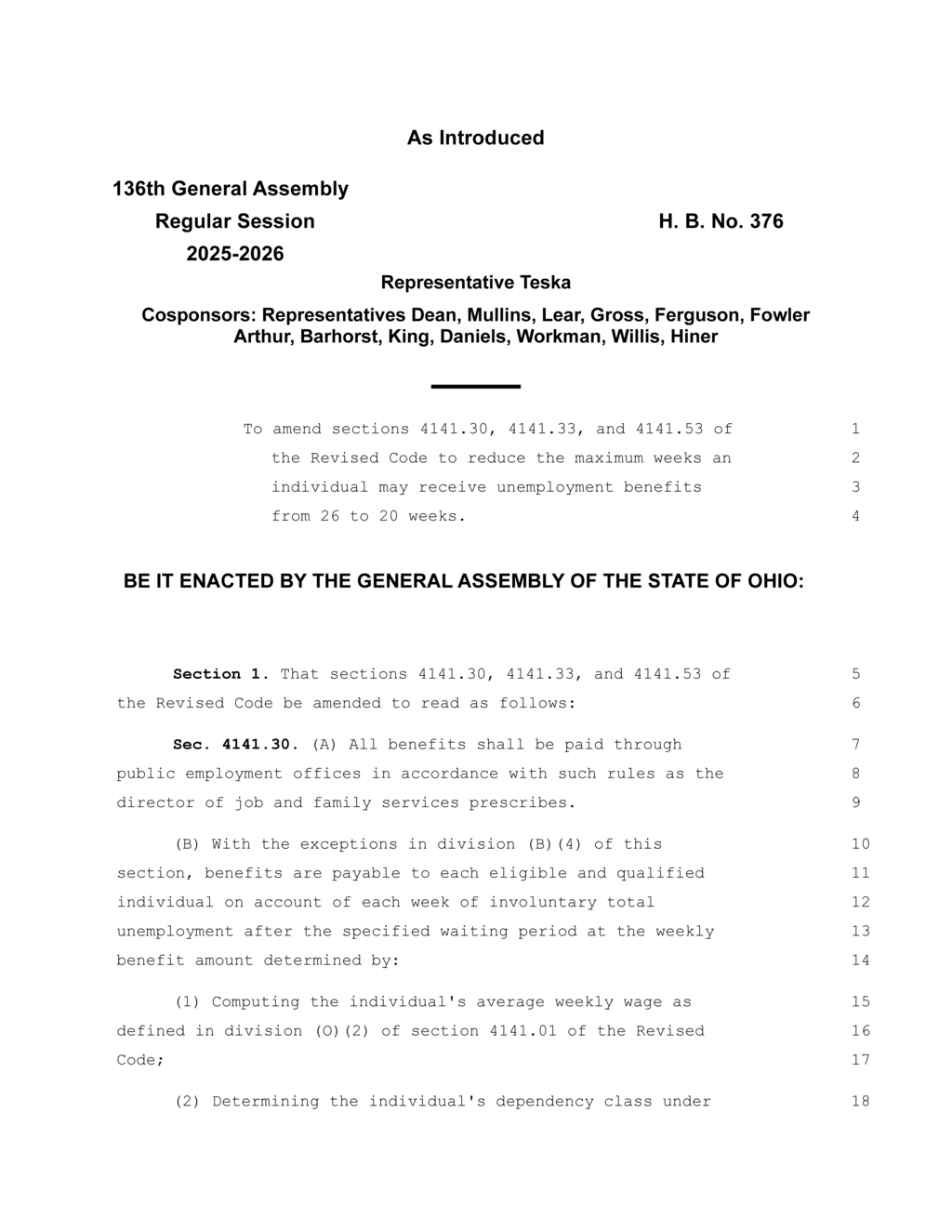 Ohio General Assembly reduces unemployment benefits duration from 26 to 20 weeks