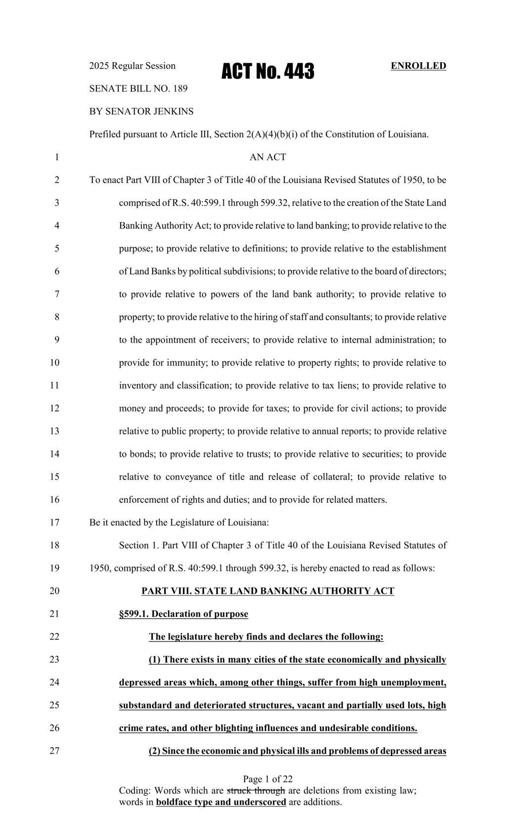 Louisiana legislature enacts State Land Banking Authority Act to address urban blight