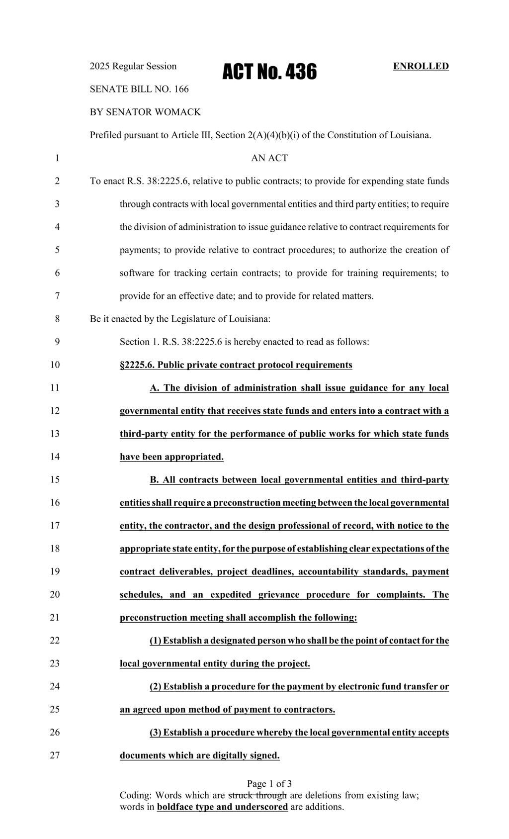 Louisiana enacts public-private contract protocols in SB 166 for state funding oversight