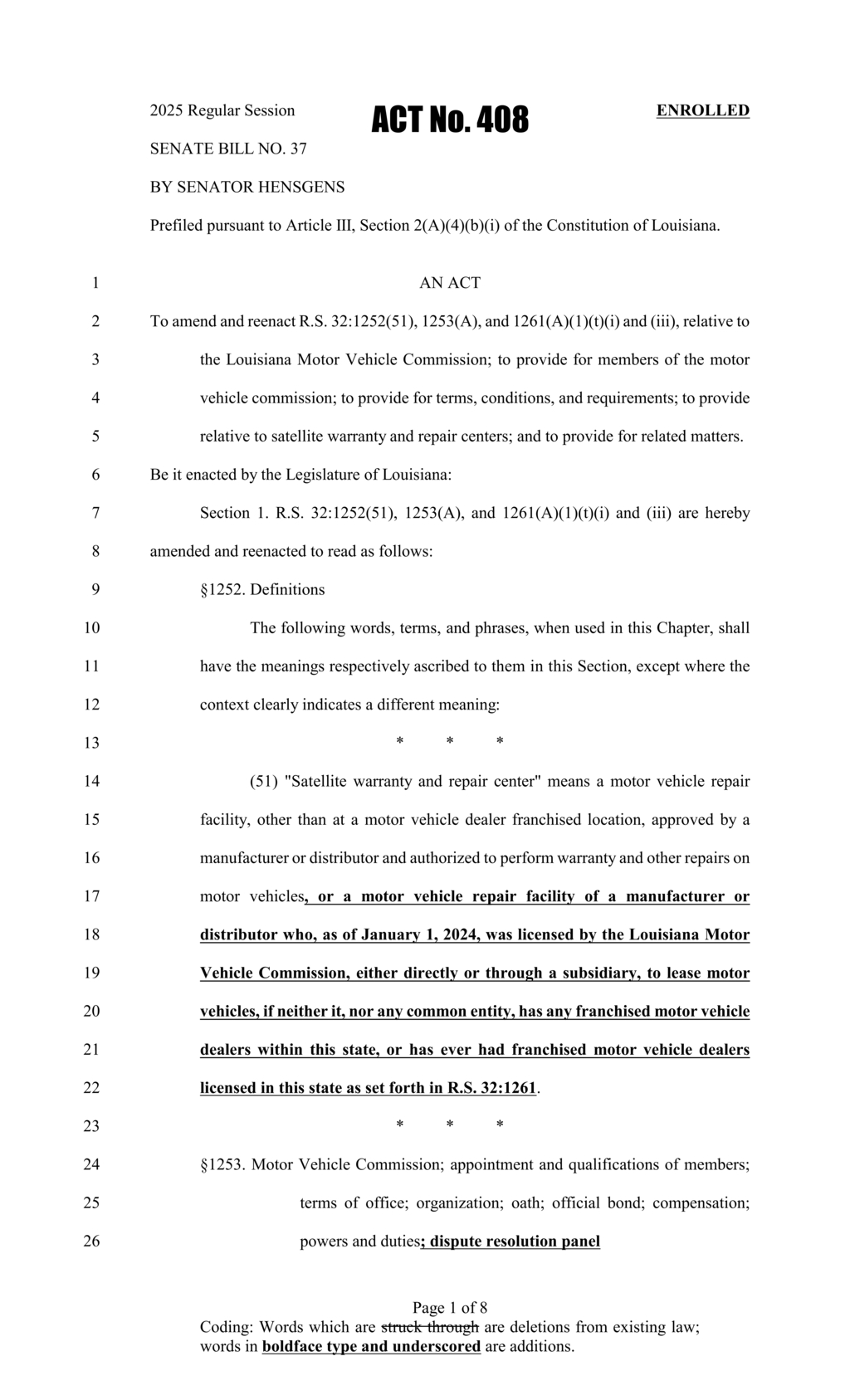 Louisiana forms Motor Vehicle Commission with 18 gubernatorial appointees