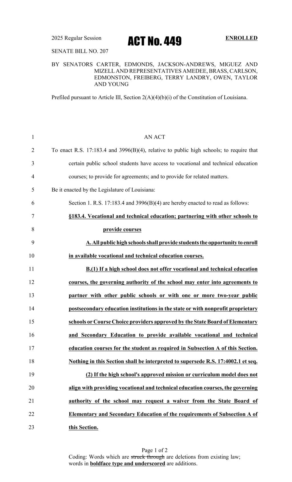 Louisiana Senate passes SB 207 to enhance vocational education access in public schools