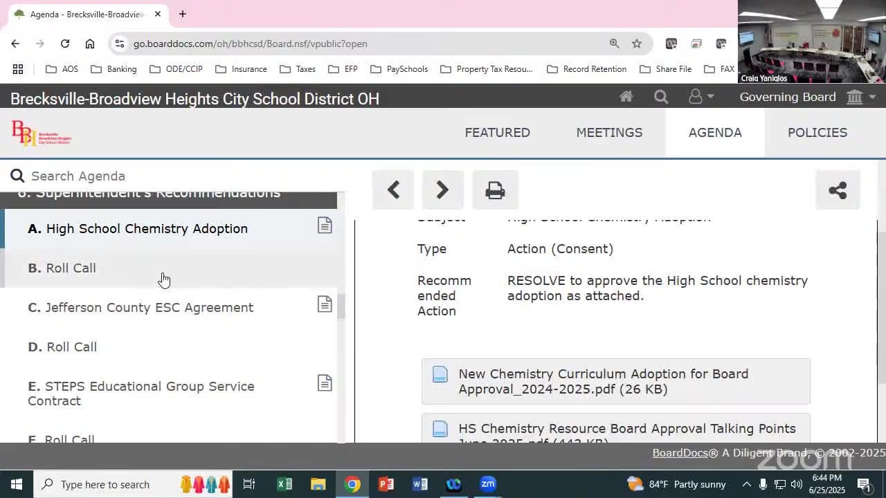 Board approves chemistry adoption (purchase on hold pending data-privacy agreement) and several student service contracts