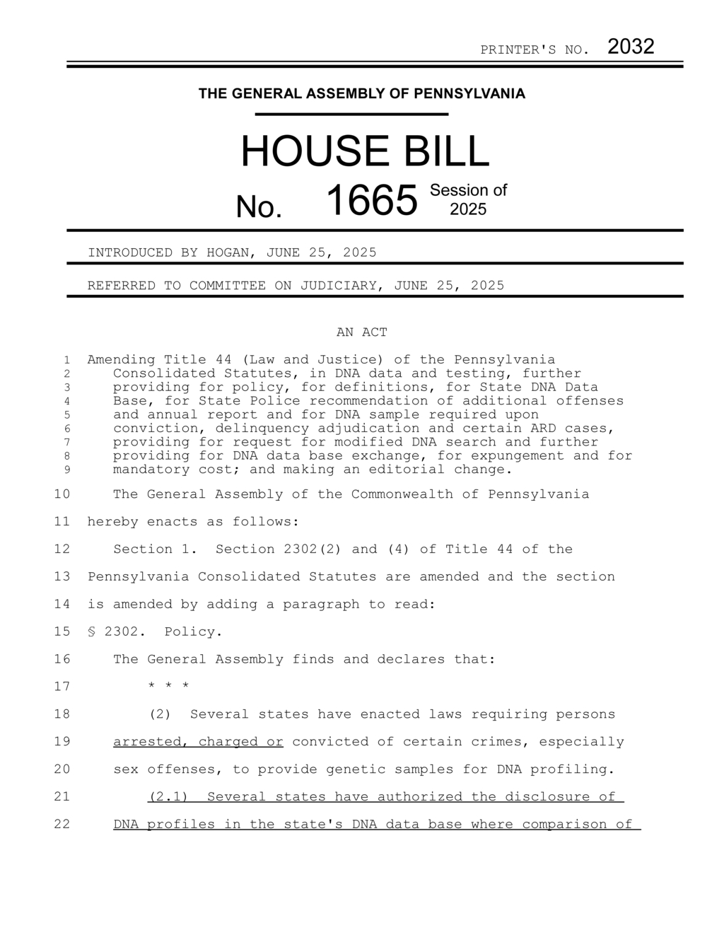 Pennsylvania House Bill 1665 updates DNA data policies and expungement procedures