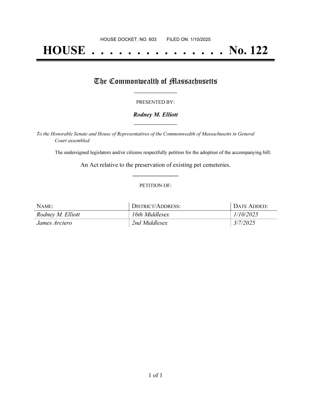 Massachusetts bill authorizes regulation of existing pet cemeteries by animal health division