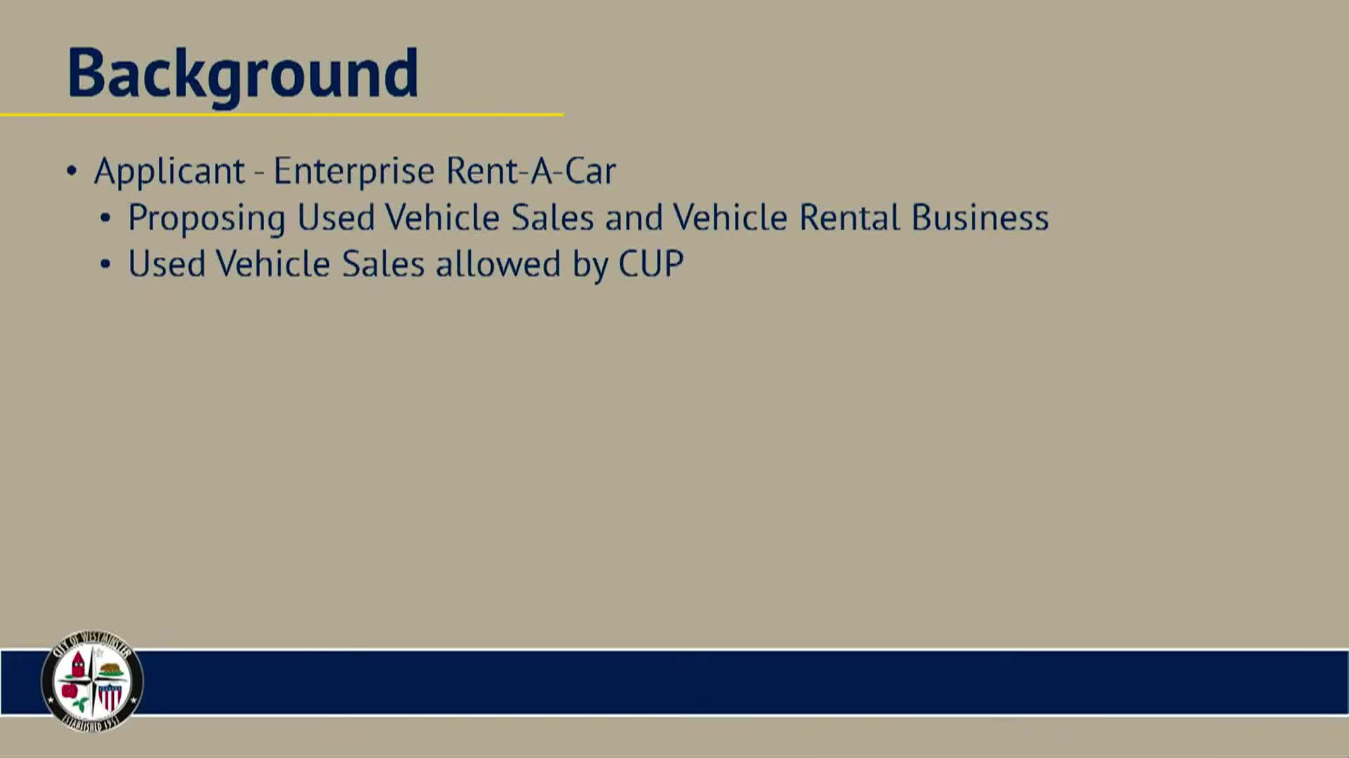 Enterprise Rent A Car seeks conditional permit for vehicle sales and rentals in Westminster