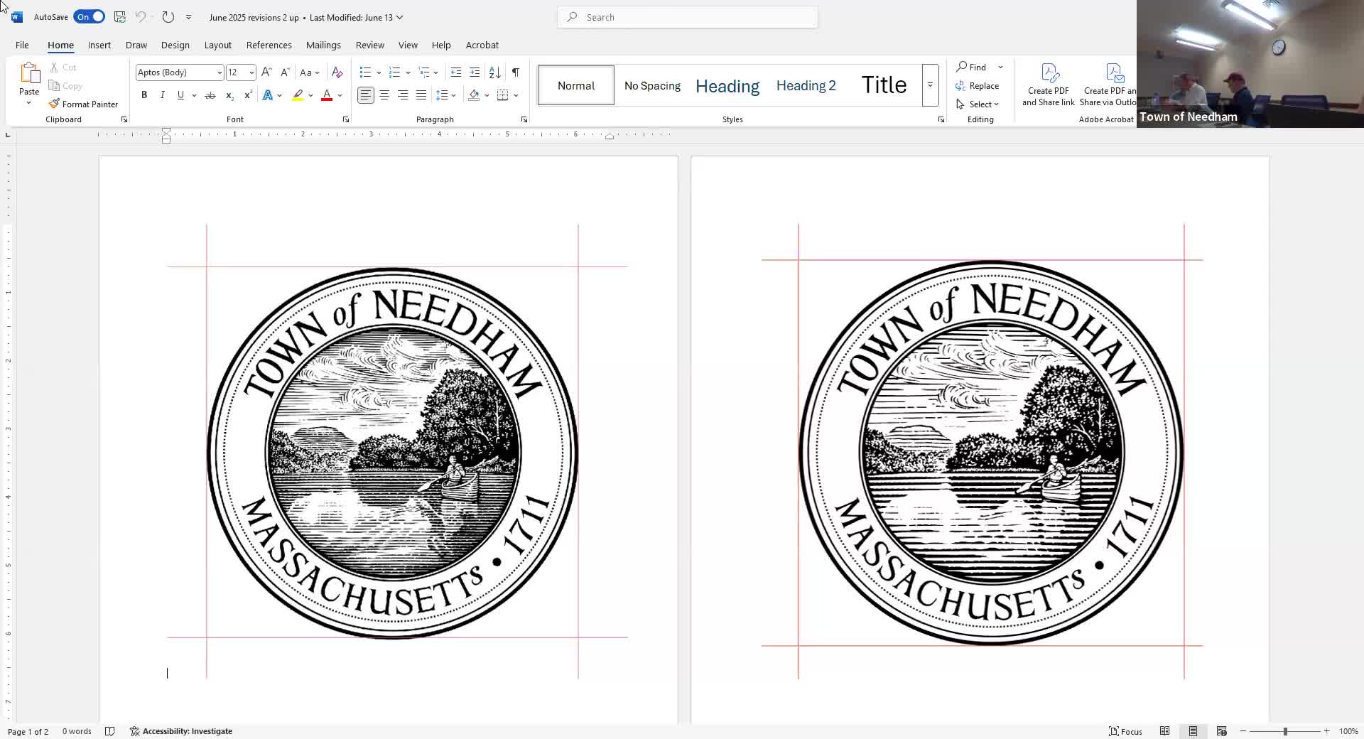 Needham officials review town seal and logo; request clearer, simplified versions from illustrator
