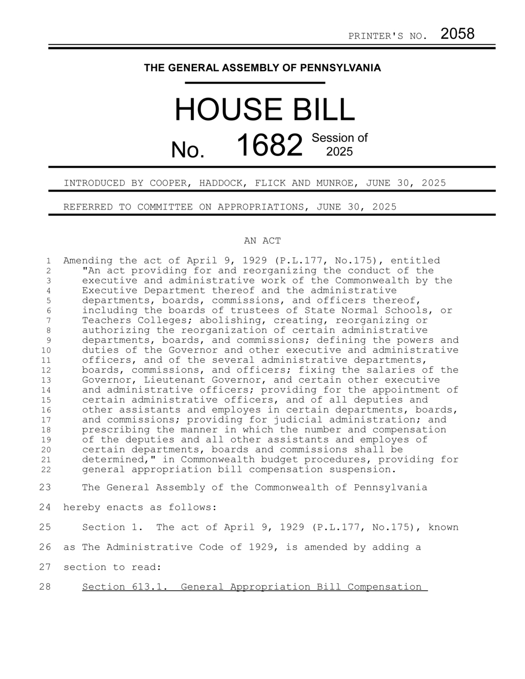 Pennsylvania House bill 1682 suspends compensation until budget is enacted