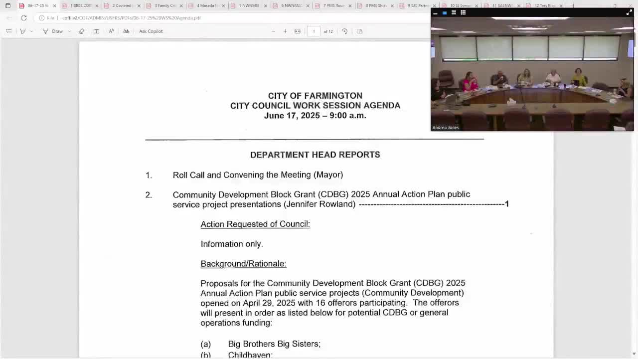 Farmington council hears 16 Community Development Block Grant public‑service presentations; $207,792 available, requests top $331,972