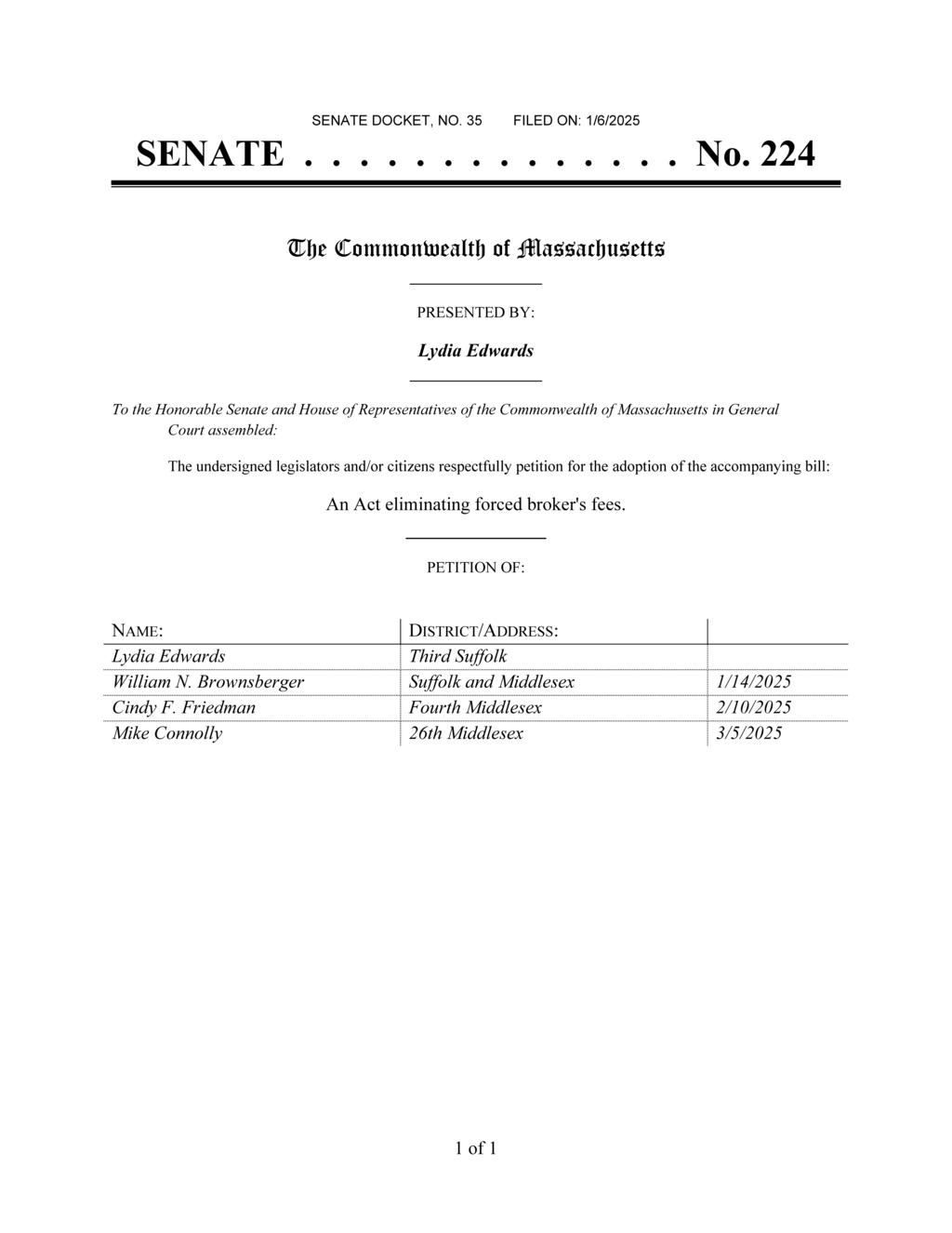 Massachusetts legislature introduces bill to eliminate forced real estate broker's fees