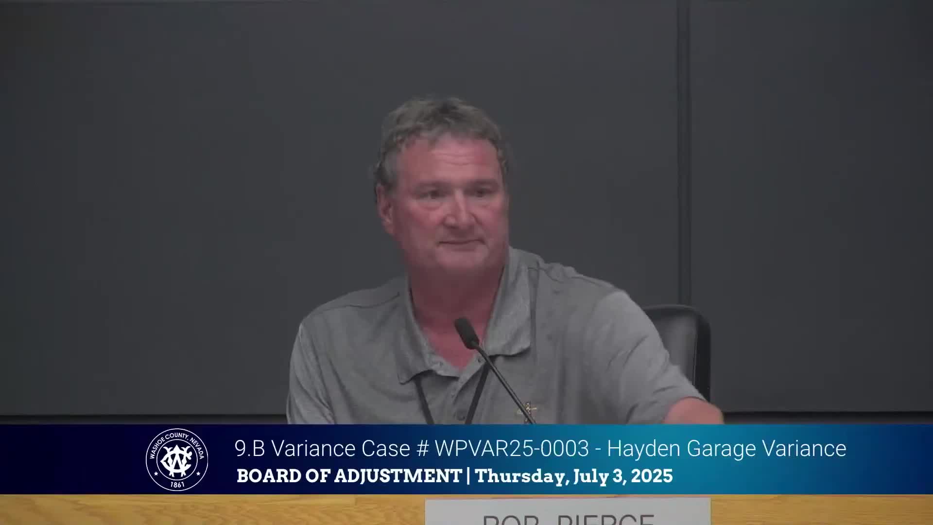 Board grants front‑yard setback variance for Tahoe area garage; staff cites steep topography and traffic safety
