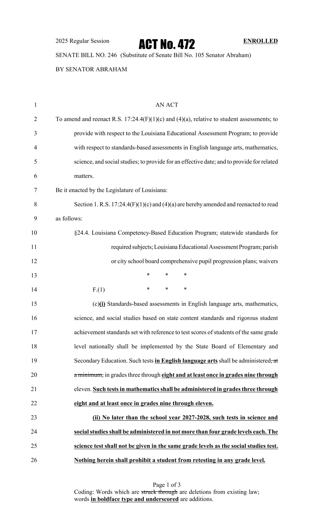 Louisiana legislature amends student assessment standards in Senate Bill 246