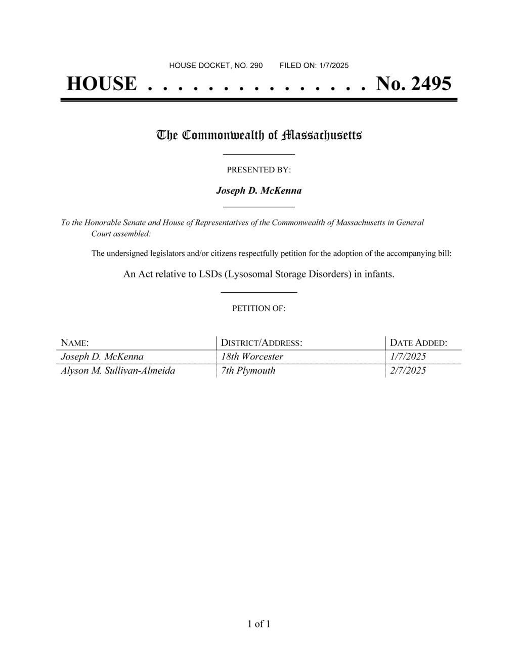 Massachusetts legislators propose bill on lysosomal storage disorders in infants