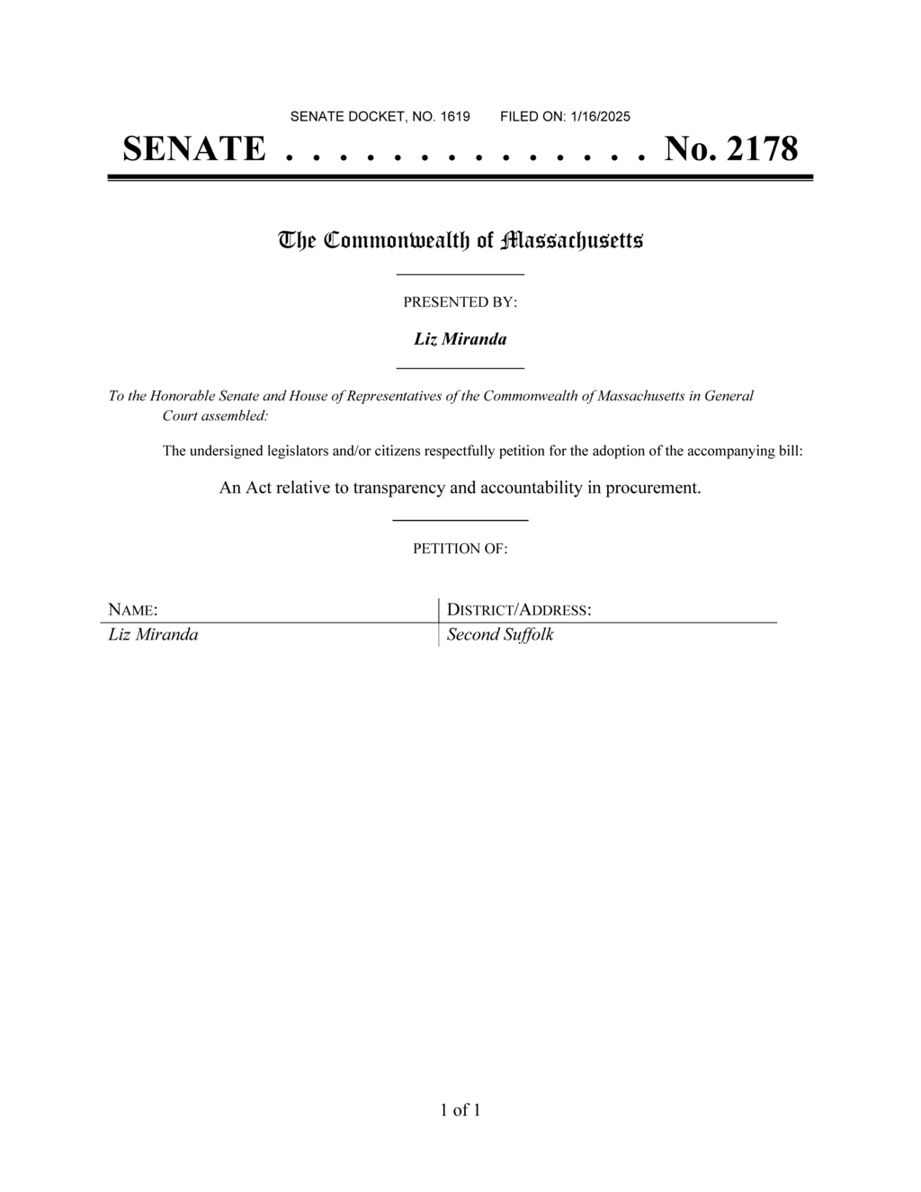 Massachusetts General Court introduces Transparency and Accountability in Procurement Act