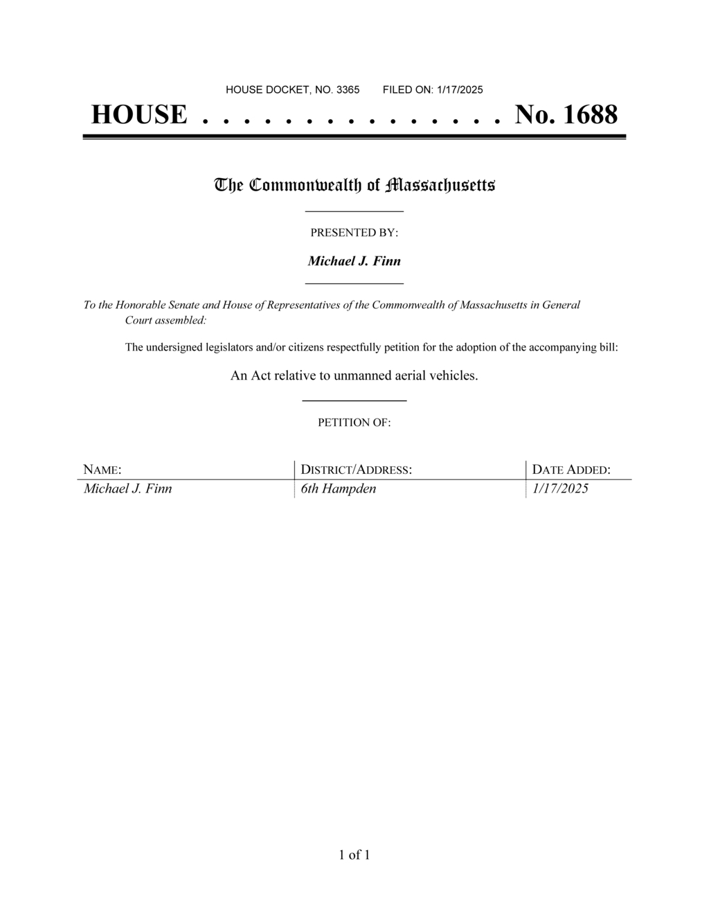 Massachusetts House Bill 1688 imposes penalties for unauthorized drone use