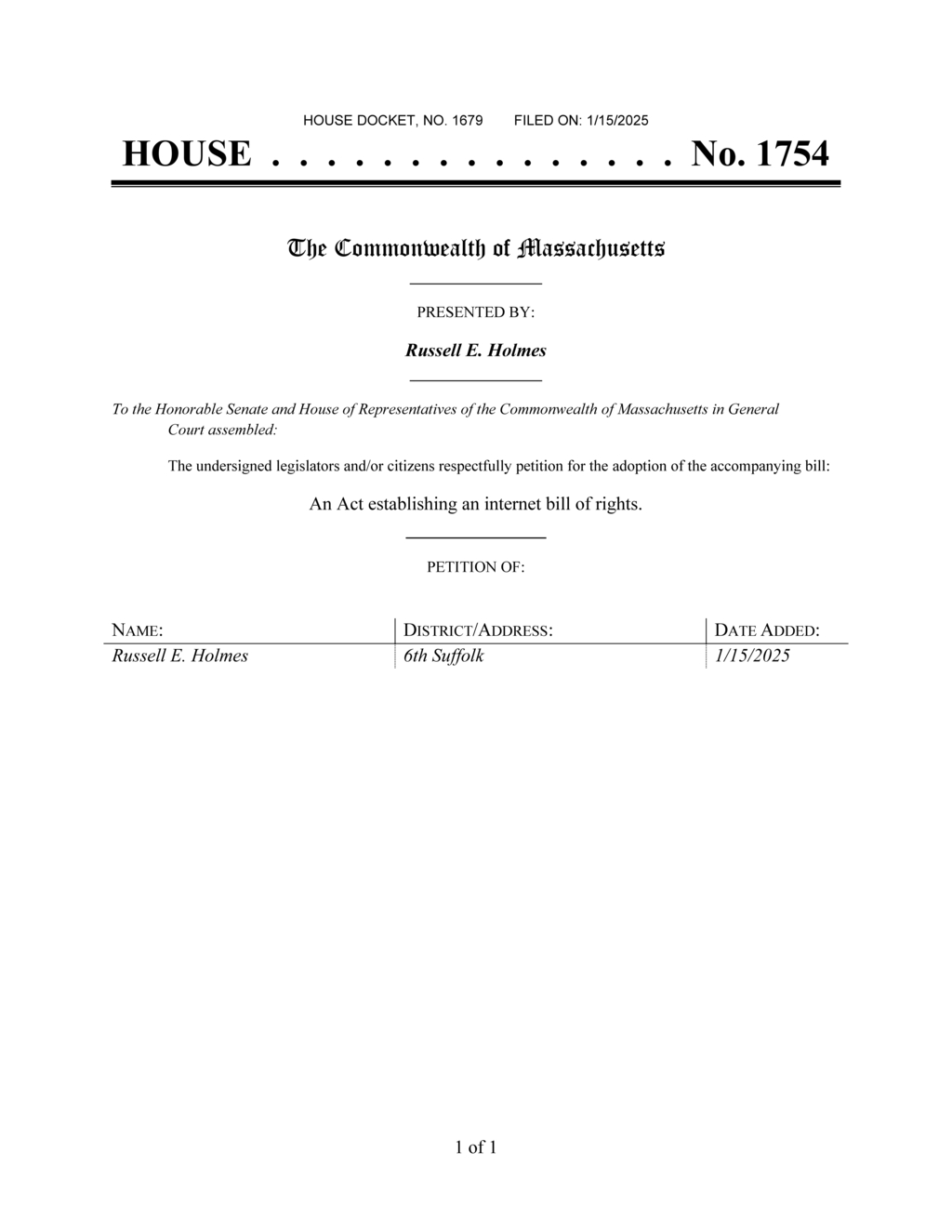 Massachusetts House introduces an Act for internet bill of rights protections