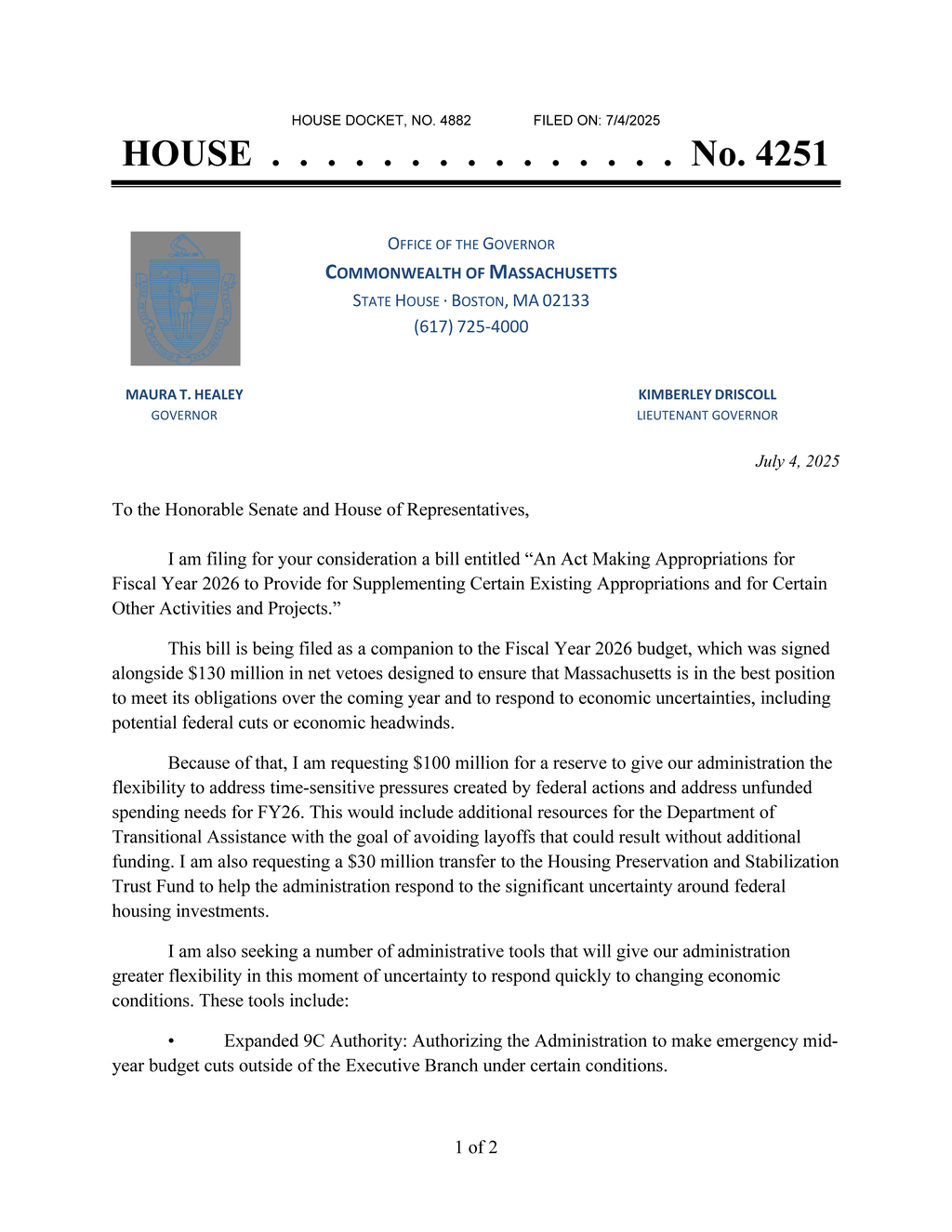 Massachusetts Governor Healey proposes $100M reserve in FY26 budget bill