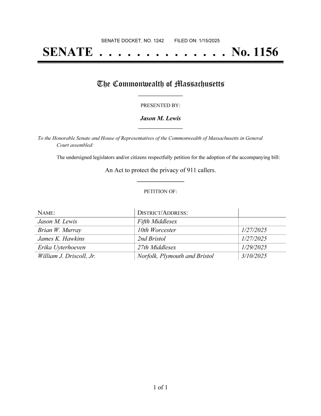Massachusetts legislators introduce bill to protect 911 caller privacy in Senate No. 1156