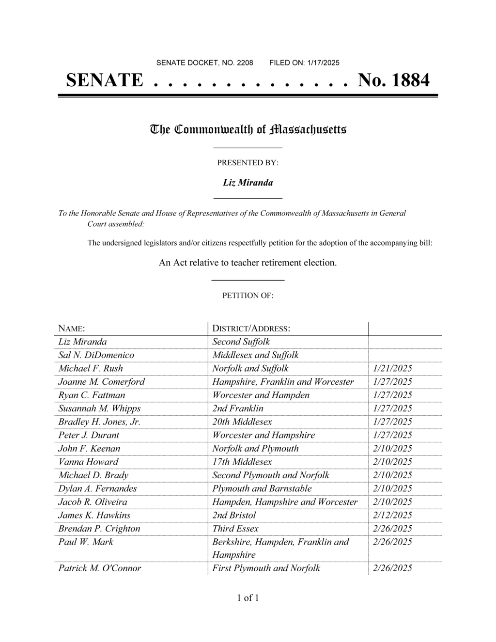 Massachusetts bill amends teacher retirement eligibility in Senate Bill No. 1884