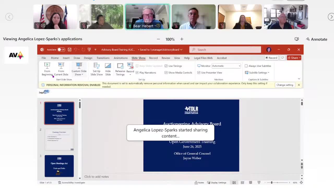 TDLR general counsel presents abbreviated open‑government training to auctioneer advisory board